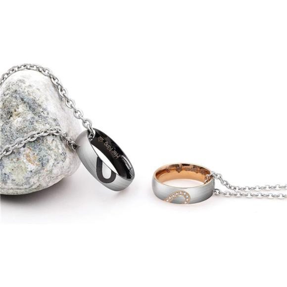Matching Necklace, Stainless Steel Necklaces 2Pcs Couple Ring Heart Pendant - Picture 5 of 7
